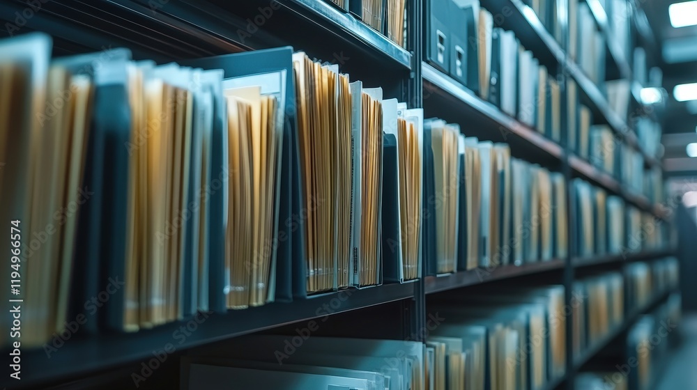 Poster organized filing system with numerous folders on shelves, showcasing a digital document storage envi