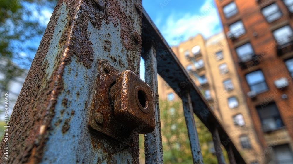 Poster A close-up of a weathered metal gate with a rusty lock, capturing the essence of urban decay and the passage of time in a deteriorating environment.