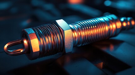 A close-up of a spark plug with vivid lighting highlighting its complex metallic design, illustrating the importance of precision in automotive technology.