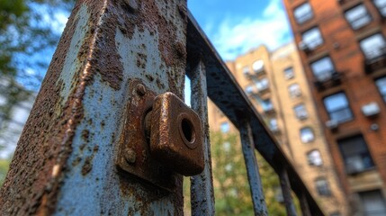 A close-up of a weathered metal gate with a rusty lock, capturing the essence of urban decay and the passage of time in a deteriorating environment.