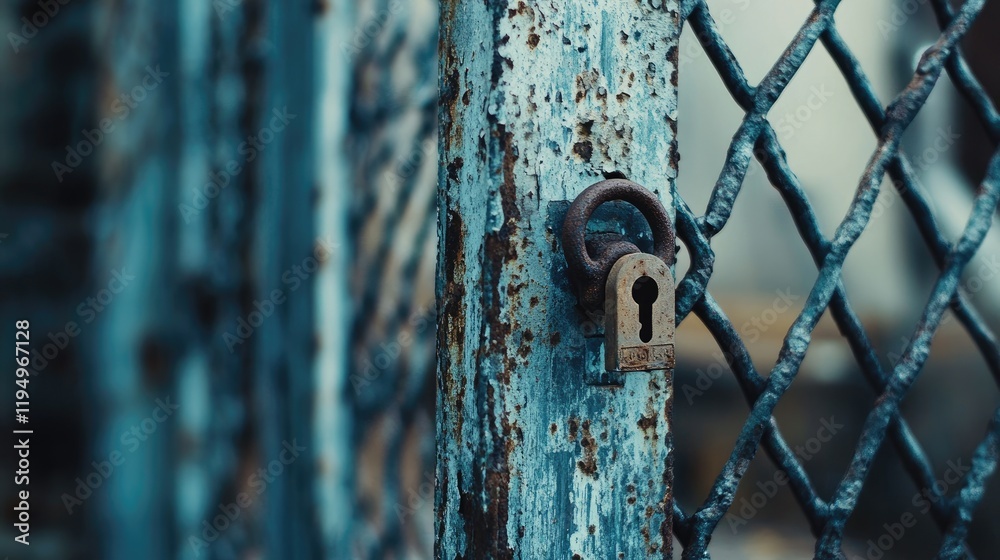 Poster A close-up of a weathered metal gate with a rusty lock, capturing the essence of urban decay and the passage of time in a deteriorating environment.