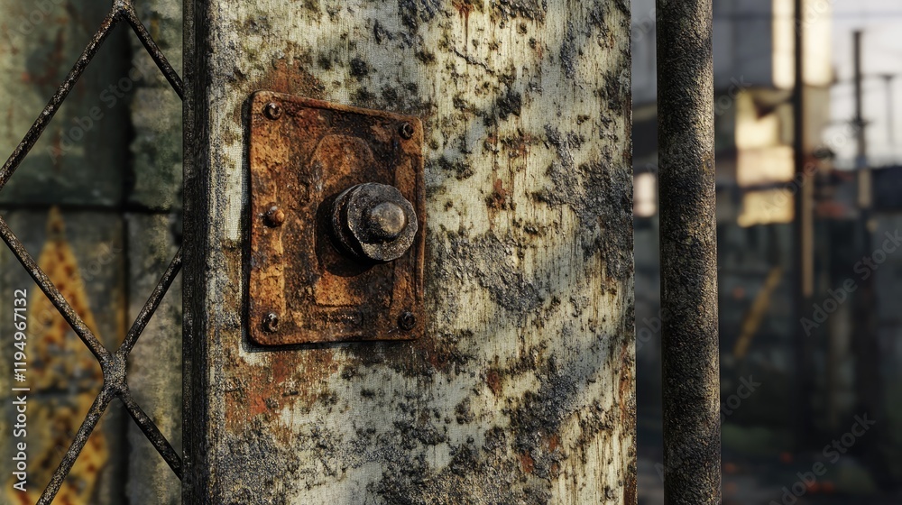 Poster A close-up of a weathered metal gate with a rusty lock, capturing the essence of urban decay and the passage of time in a deteriorating environment.