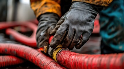 A close-up of a worker hands, gloved and working with red hoses, highlighting industrial maintenance and fuel management processes.