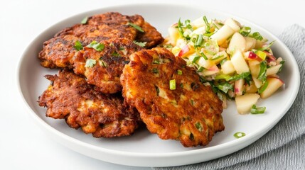 Fototapeta premium Crispy pork fritters served with a side of tangy apple slaw