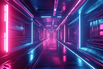 Fototapeta premium Exploring a futuristic neonlit tunnel high-tech environment digital art scene immersive experience sleek reflections and vibrant colors in a sci-fi setting