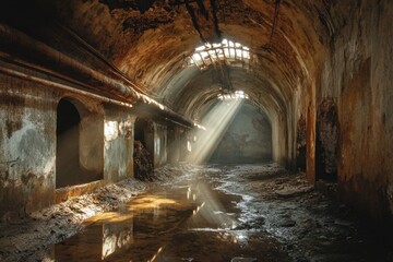 Naklejka premium Exploring a dimly lit underground tunnel with beams of light and water reflection abandoned urban environment captured from a ground perspective concept of mystery