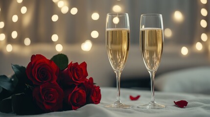 celebratory table setting, red roses and chic champagne glasses in a modern room with soft string lights create a romantic setting for text dimensions characters