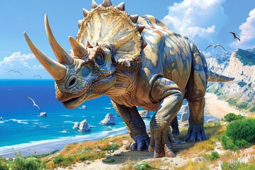 Fototapeta premium Majestic triceratops stands on a beach beside the ocean under a bright blue sky
