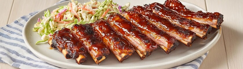 Crispy pork ribs coated in a tangy barbecue glaze, served with coleslaw