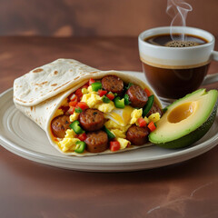 A stuffed breakfast burrito overflowing with scrambled eggs, sausage, cheese, diced peppers, and a hint of salsa, served on a plate with sliced avocado and a cup of steaming coffee.