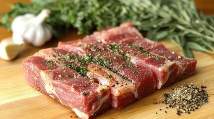 Fototapeta premium A close-up of marinated raw pork belly slices on a wooden cutting board, surrounded by fresh herbs, garlic, and spices, ready to be grilled.
