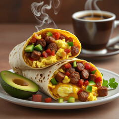 A stuffed breakfast burrito overflowing with scrambled eggs, sausage, cheese, diced peppers, and a hint of salsa, served on a plate with sliced avocado and a cup of steaming coffee.