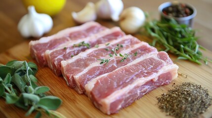 Fototapeta premium A close-up of marinated raw pork belly slices on a wooden cutting board, surrounded by fresh herbs, garlic, and spices, ready to be grilled.