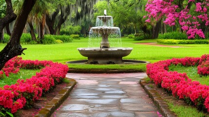 Pink Flowers at Fountain in Park