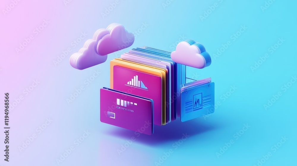 Poster online document management database with colorful documents and cloud storage illustration on gradie