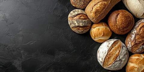 Assorted rustic breads including rye buns and French baguettes arranged on a textured black surface from a top view with ample copy space on left