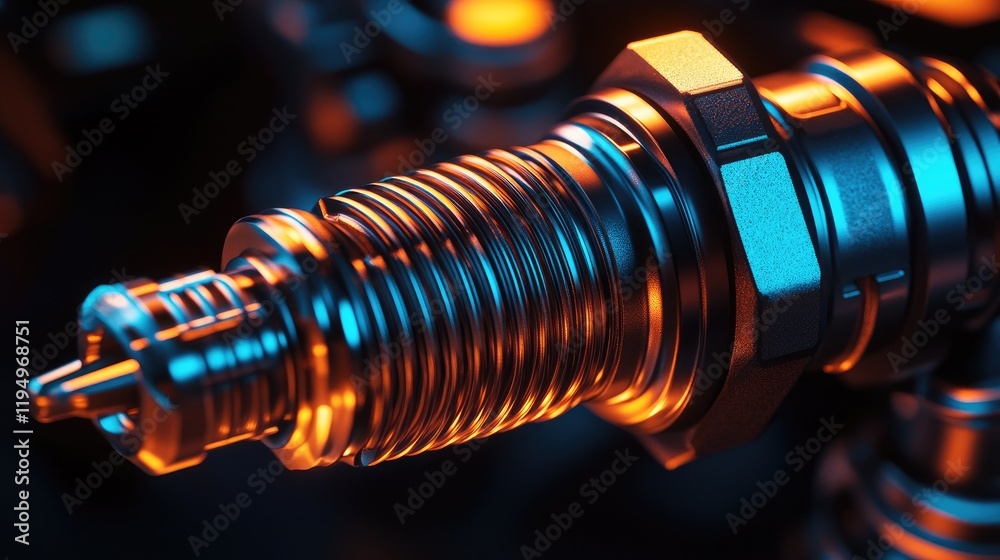 Poster a close-up shot of a spark plug, showcasing its intricate details and metallic textures, illuminated