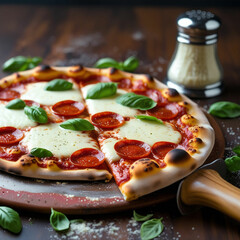 A freshly baked pepperoni pizza with bubbling mozzarella cheese and perfectly crisp edges, served on a wooden pizza peel with a sprinkling of fresh basil leaves and a parmesan shaker in the background