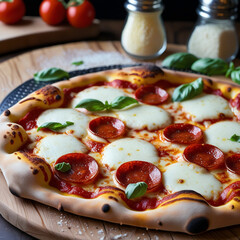 A freshly baked pepperoni pizza with bubbling mozzarella cheese and perfectly crisp edges, served on a wooden pizza peel with a sprinkling of fresh basil leaves and a parmesan shaker in the background