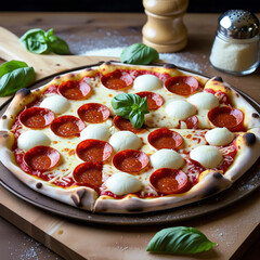 A freshly baked pepperoni pizza with bubbling mozzarella cheese and perfectly crisp edges, served on a wooden pizza peel with a sprinkling of fresh basil leaves and a parmesan shaker in the background