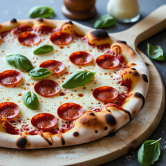 A freshly baked pepperoni pizza with bubbling mozzarella cheese and perfectly crisp edges, served on a wooden pizza peel with a sprinkling of fresh basil leaves and a parmesan shaker in the background