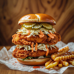 A stacked chicken sandwich featuring crispy fried chicken fillets, creamy coleslaw, pickles, and a drizzle of spicy mayo, all layered between soft brioche buns, with a side of waffle fries.