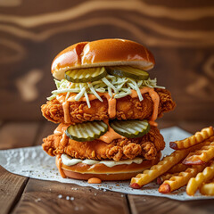 A stacked chicken sandwich featuring crispy fried chicken fillets, creamy coleslaw, pickles, and a drizzle of spicy mayo, all layered between soft brioche buns, with a side of waffle fries.