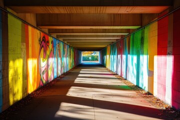Fototapeta premium Vibrant urban tunnel art city park colorful graffiti urban environment perspective viewpoint celebrating creativity in pedestrian spaces
