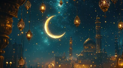 Fototapeta premium Ramadan Nightscape:Crescent Moon & Golden Mosque