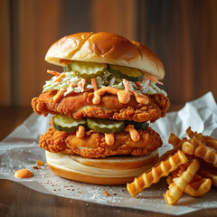 A stacked chicken sandwich featuring crispy fried chicken fillets, creamy coleslaw, pickles, and a drizzle of spicy mayo, all layered between soft brioche buns, with a side of waffle fries.