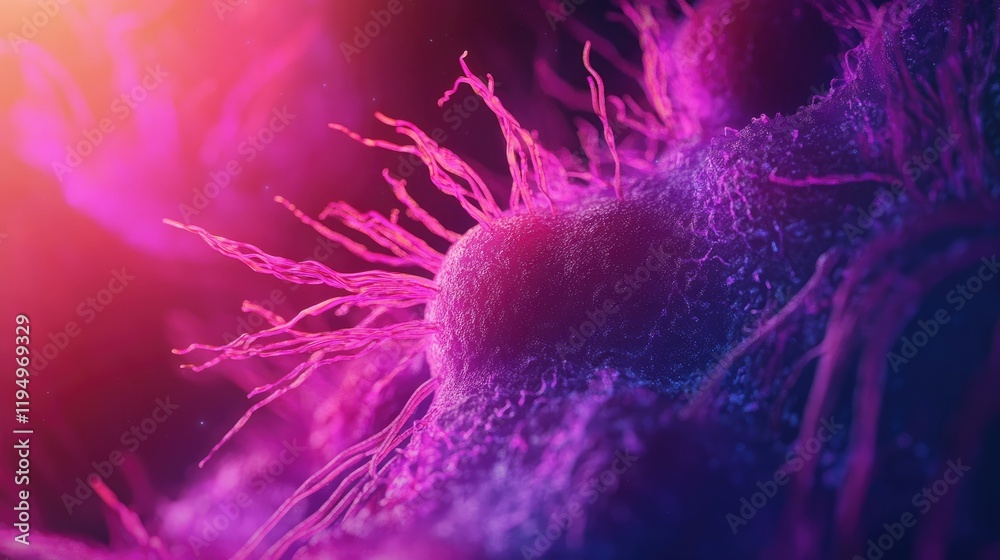 Poster a close-up, vivid view of a cancer cell under a microscope, showcasing its detailed structure with p