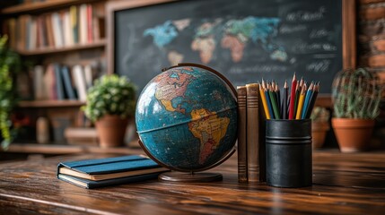 Globe, Books, and Pencils on a Wooden Desk in a Library Setting
