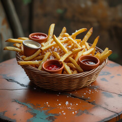 A close-up of a basket of golden, crispy French fries sprinkled with sea salt, served with small dipping cups of ketchup, mayonnaise, and barbecue sauce, on a rustic wooden table.