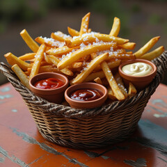 A close-up of a basket of golden, crispy French fries sprinkled with sea salt, served with small dipping cups of ketchup, mayonnaise, and barbecue sauce, on a rustic wooden table.