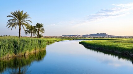 Serene River Landscape with Palm Trees