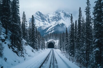 Majestic train journey through snowy mountain pass scenic rail transport scene winter wonderland landscape tranquil viewpoint nature's beauty and engineering marvels unite