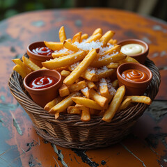 A close-up of a basket of golden, crispy French fries sprinkled with sea salt, served with small dipping cups of ketchup, mayonnaise, and barbecue sauce, on a rustic wooden table.