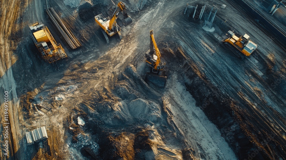 Poster a coal mining excavation site with heavy machinery, showing excavators digging through the earth, em
