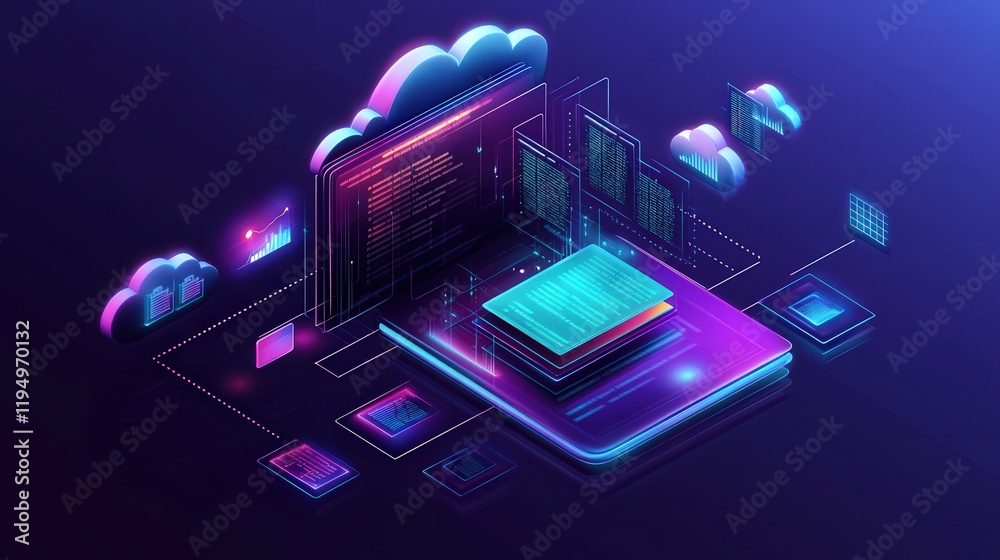 Poster digital cloud database management interface with modern technology and data visualization in vibrant