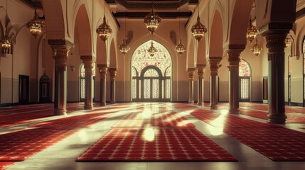 Obraz premium An ornate interior featuring rows of pillars and red carpets beneath hanging chandeliers