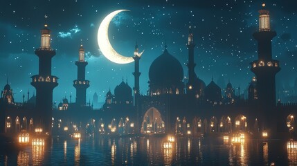 Enchanting Night Scene of a Mosque by the Water under a Crescent Moon