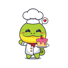chef chameleon mascot cartoon character with cake.