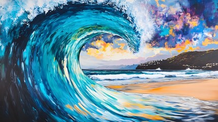 Vibrant Seascape Painting with Abstract Ocean Wave