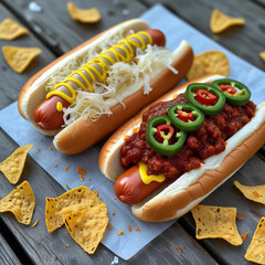 A trio of loaded hot dogs: one topped with mustard and sauerkraut, another with chili and shredded cheese, and a third with avocado, salsa, and jalapeños, served on a picnic table with chips and soda 