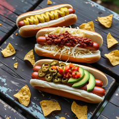 A trio of loaded hot dogs: one topped with mustard and sauerkraut, another with chili and shredded cheese, and a third with avocado, salsa, and jalapeños, served on a picnic table with chips and soda 
