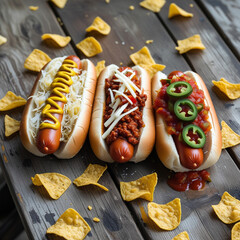 A trio of loaded hot dogs: one topped with mustard and sauerkraut, another with chili and shredded cheese, and a third with avocado, salsa, and jalapeños, served on a picnic table with chips and soda 