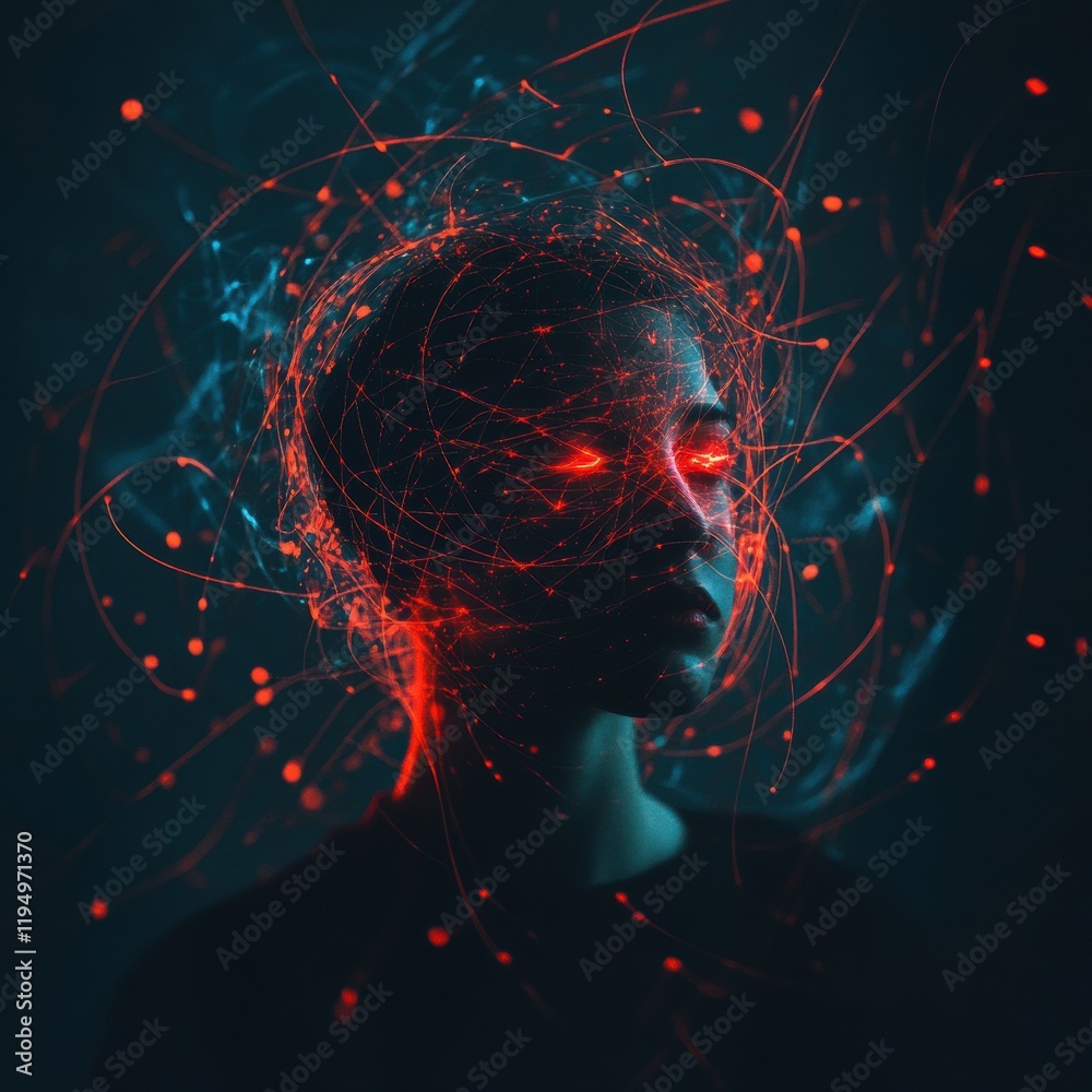 Aufkleber Person encapsulated in dynamic swirling lines and abstract shapes with glowing elements during a creative art exploration session. Generative AI