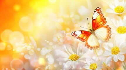 Close-Up Butterfly on Flower with Blurred Floral Background and Copy Space: Blooming Spring Meadow with Wildflowers and Colorful Butterfly for Nature Wildlife Banner, Poster, and Postcard Design