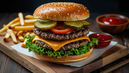 A towering cheeseburger with a perfectly grilled beef patty, melting cheddar cheese, fresh lettuce, juicy tomato, crunchy pickles, and a toasted sesame seed bun, placed on a wooden serving board with 