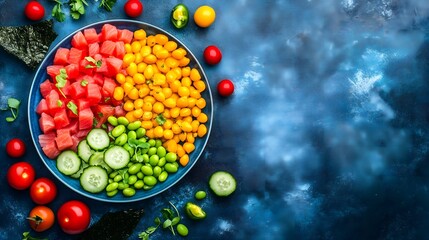 Colorful Fruit Salad in Bowl on Blue Background
